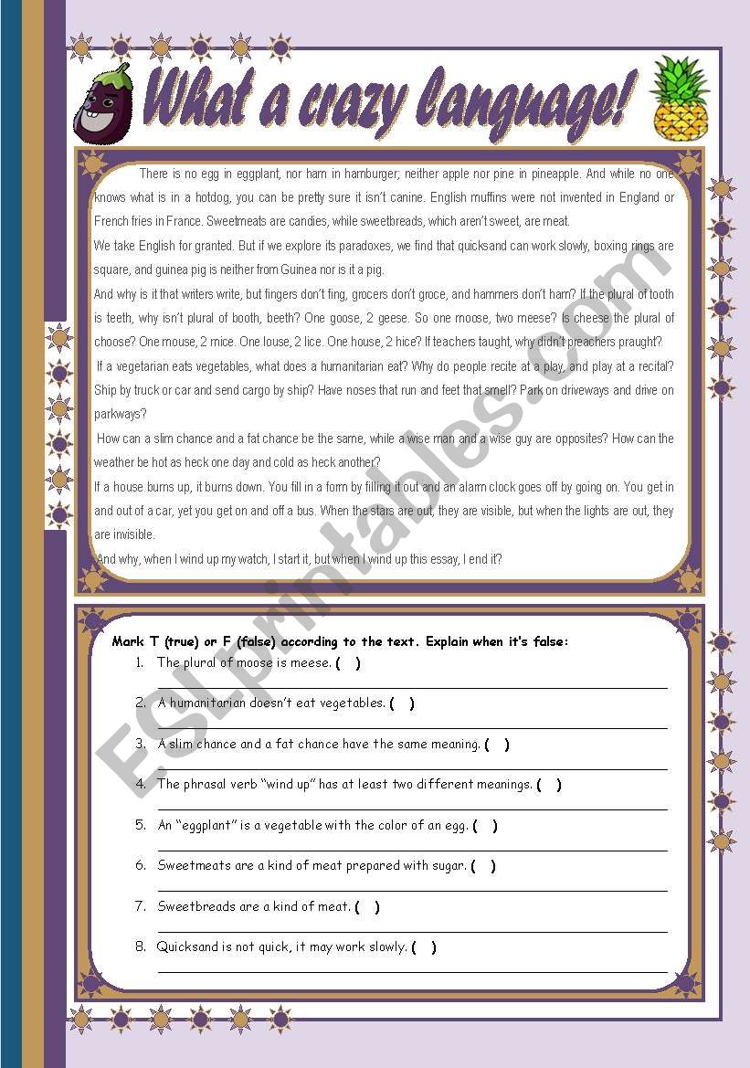 What a crazy language!  comprehension, vocabulary and grammar (irregular plurals) [3 tasks + suggested tasks] ((2 pages)) ***editable